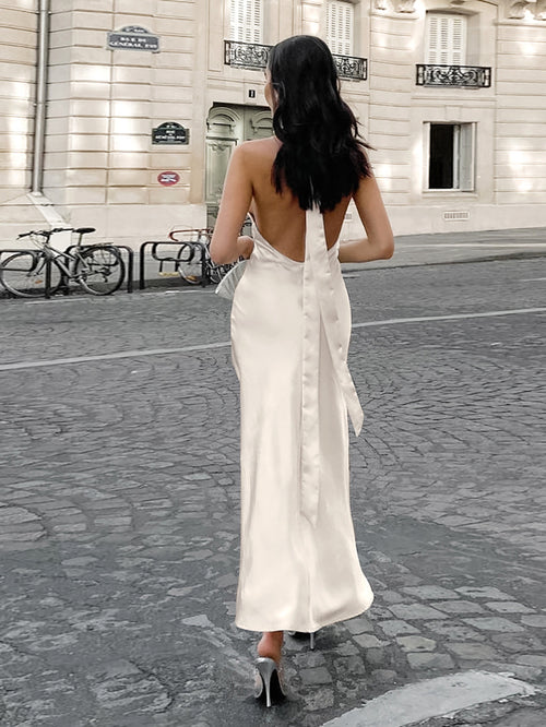 Vestido Halter Satén Beige