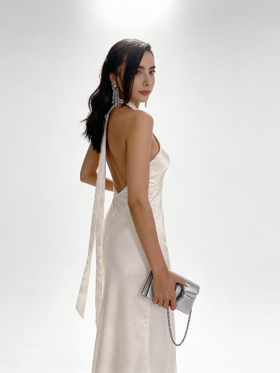 Vestido Halter Satén Beige