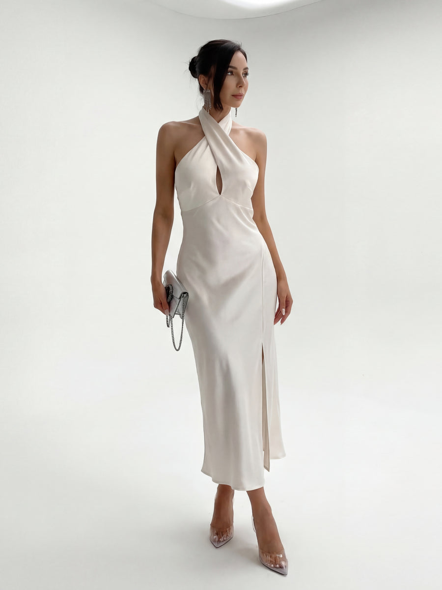 Vestido Halter Satén Beige