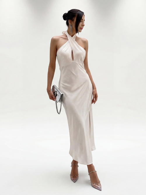 Vestido Halter Satén Beige