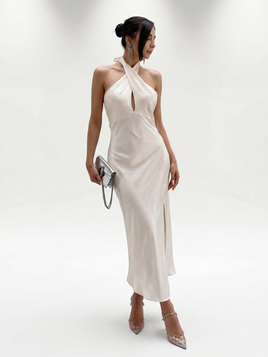 Vestido Halter Satén Beige